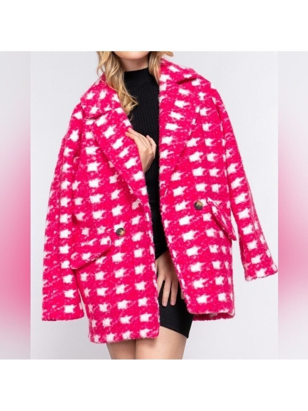 NWT Pink Plaid Fleece Pea Coat Women’s Cozy Teddy Jacket Small Medium Large - Picture 2 of 5